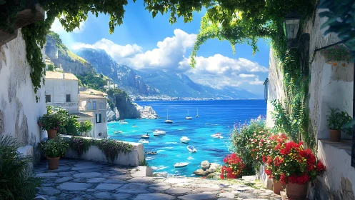 Sunlit coastal terrace overlooking vivid blue Mediterranean.