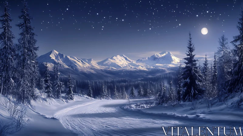 Snow-covered forest road under starry winter mountain sky.