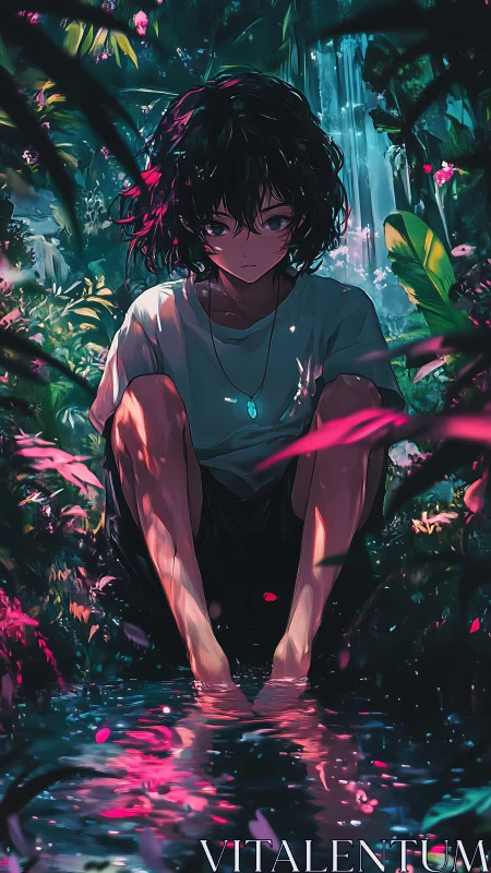 Melancholic youth by forest stream under soft waterfall.