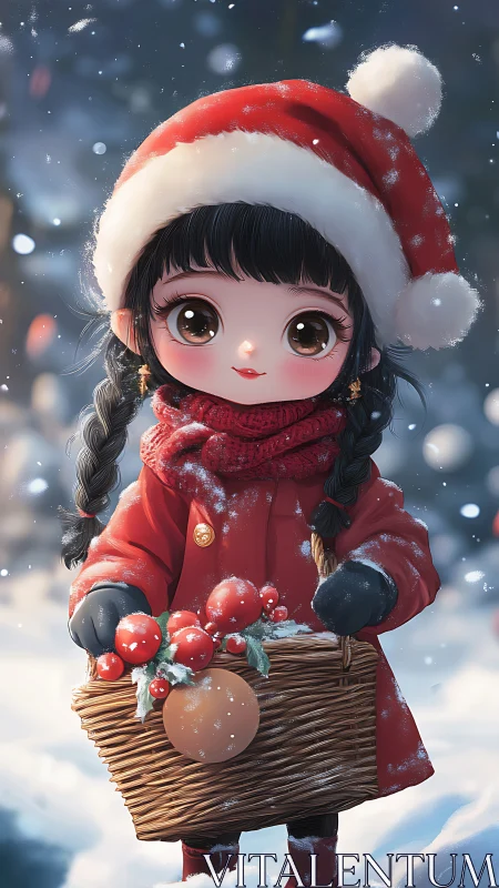 Kawaii girl in red coat holding festive winter basket.