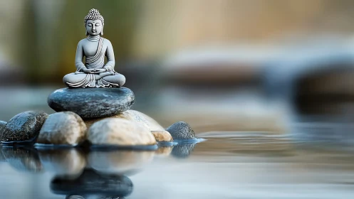 Statue of meditating figure rests on stacked stones in water
