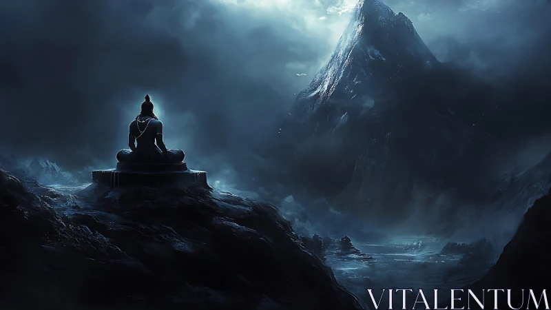 Meditating sage contemplates a misty moonlit mountain peak