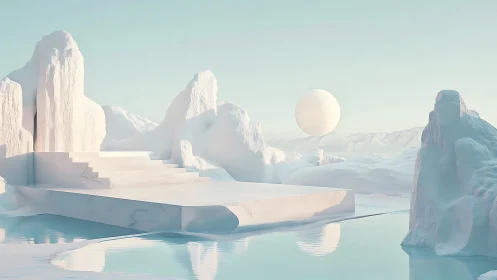 Minimal geometric platform stands in pale icy landscape