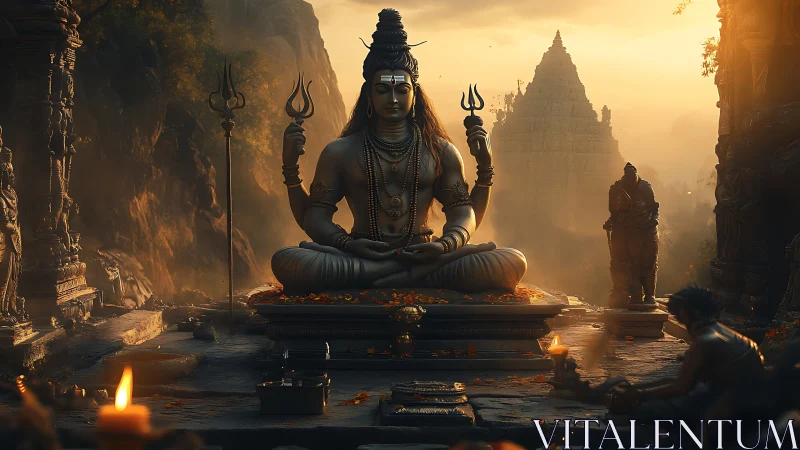 Sunlit Shiva sanctum with trident iconography and ritual fire.