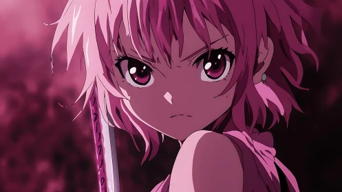 Fierce pink haired anime heroine ready to face the fight.