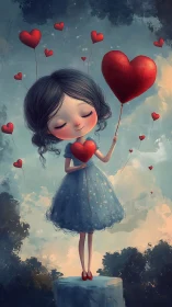Girl holding heart balloon surrounded by floating red hearts