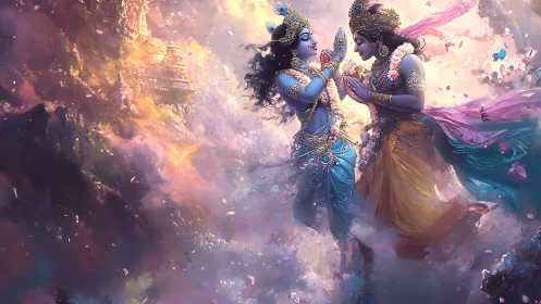 Divine blue-skinned figures dancing in vivid celestial clouds.