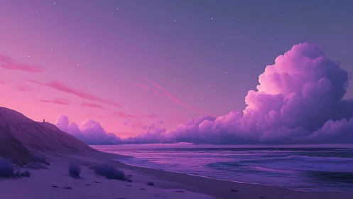 Twilight shoreline under luminous magenta cumulus clouds.