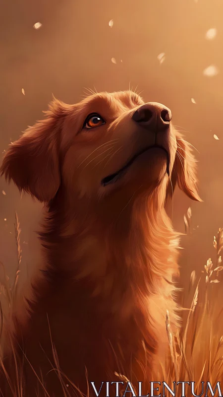 Golden retriever portrait under volumetric sunset backlighting