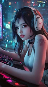 Neon-lit cyber gamer portrait with immersive peripheral detail.