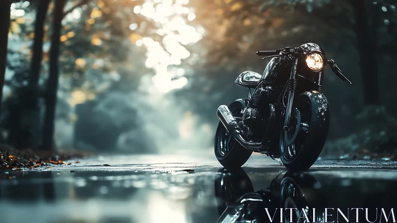 Custom cafe racer stands on wet forest road at dawn.