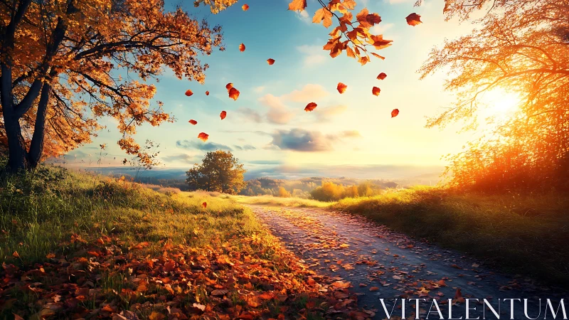 Falling autumn leaves quietly guide the sunlit country lane