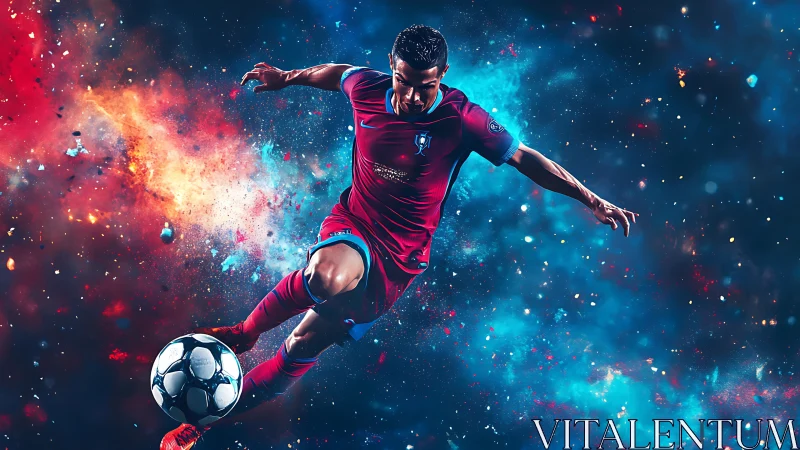 Dynamic soccer striker kicks ball through vibrant nebula field