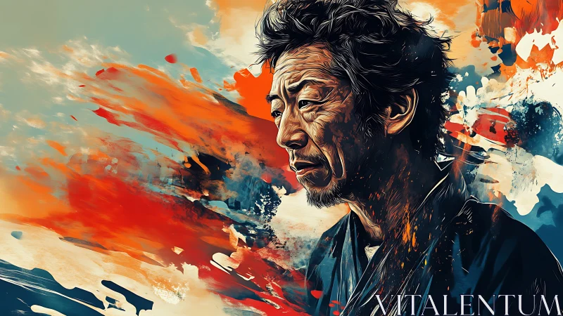 Digital portrait of pensive man amid dynamic paint bursts.