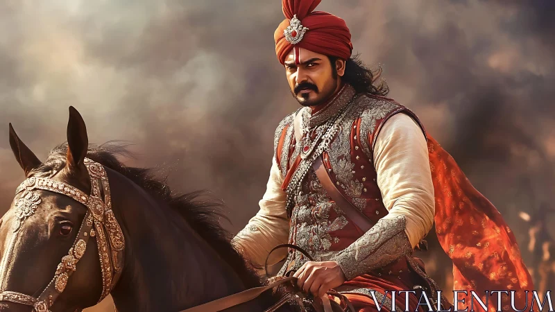 Armored cavalry commander in ornate Mughal-style regalia.