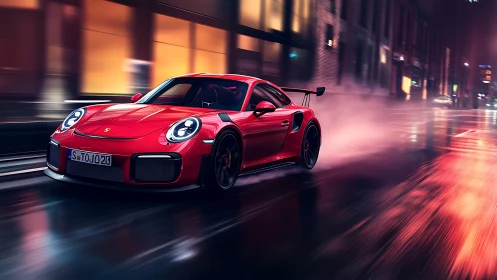 Red track-focused sports car drifts through wet neon-lit city street