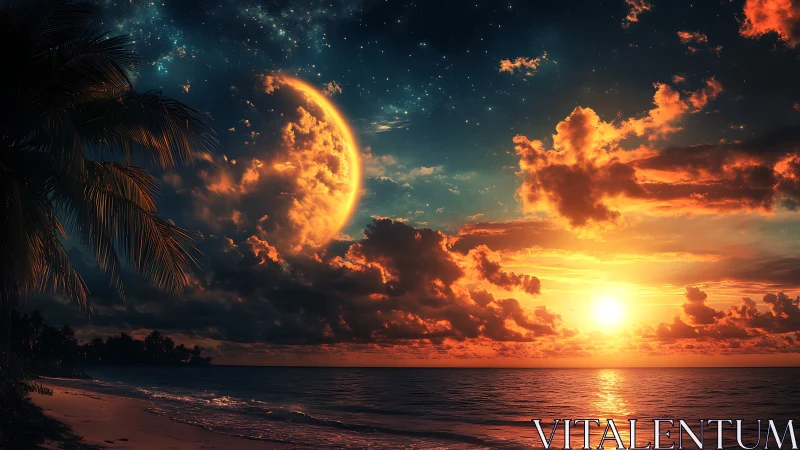 Sunset seascape with large crescent moon above horizon.