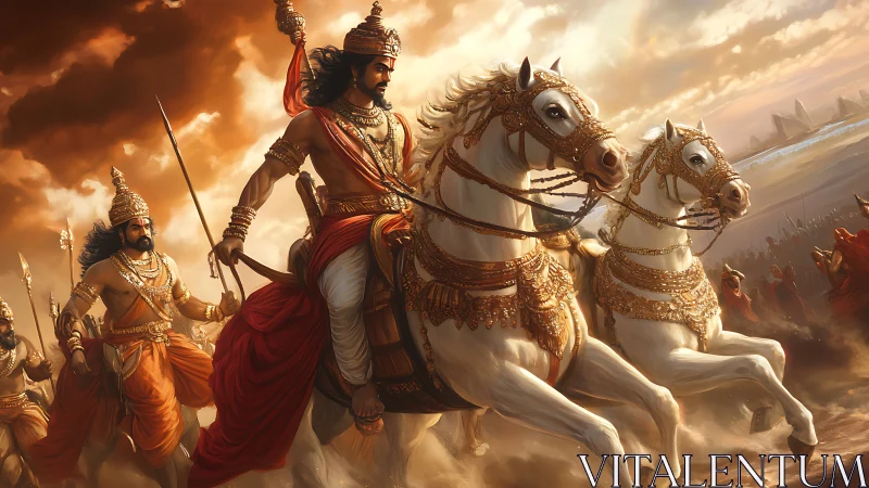 Warrior prince drives chariot of three armored white horses