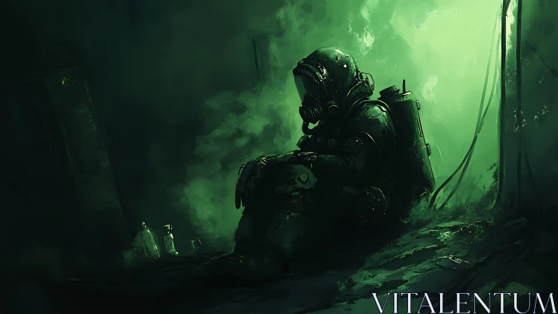 Solitary hazmat operator resting in toxic emerald fog chamber.