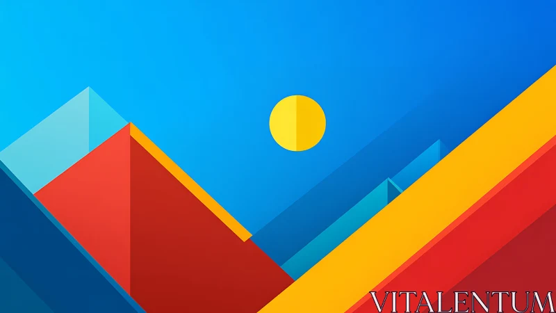 Geometric mountain planes under segmented sun in blue sky.