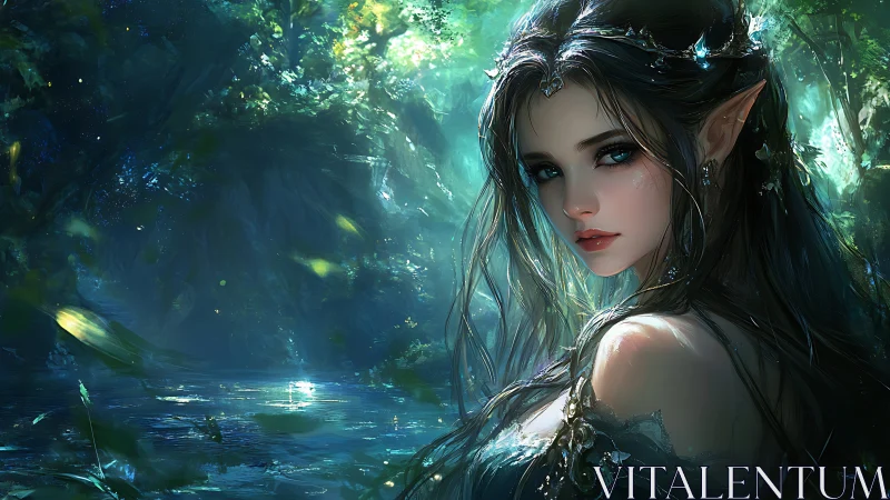 Moonlit river nymph gazes through enchanted emerald hush.