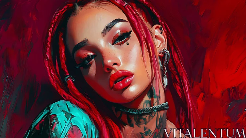 Crimson-braided rebel muse under electric scarlet skies.