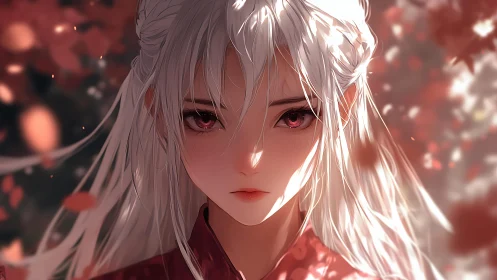 White-haired character faces viewer amid diffuse red foliage