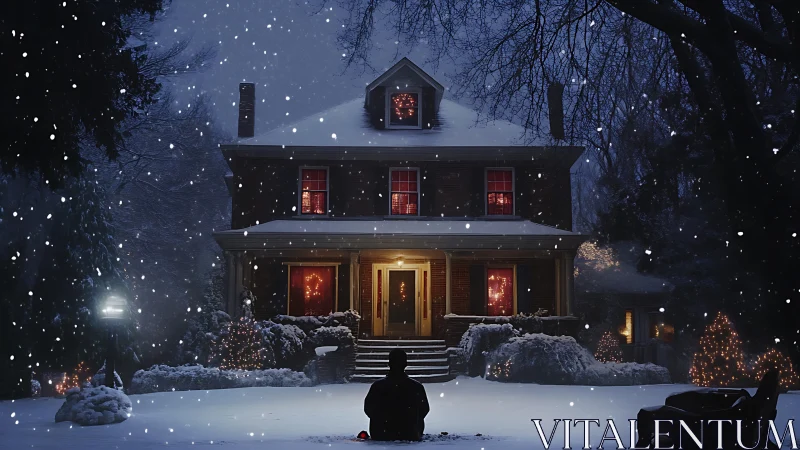 Nocturnal snowfall framing illuminated suburban facade.