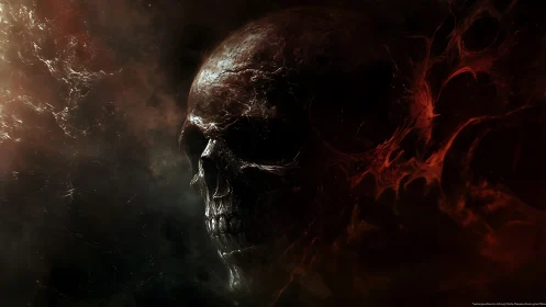 Burning void cradles a half-lit skull woven from embers