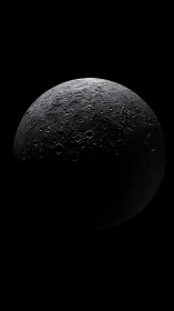 Lunar hemisphere rendered in stark raking sidelight over void.