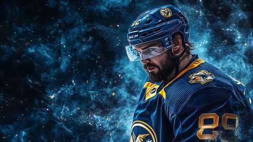 Focused hockey player glows against swirling cosmic ice
