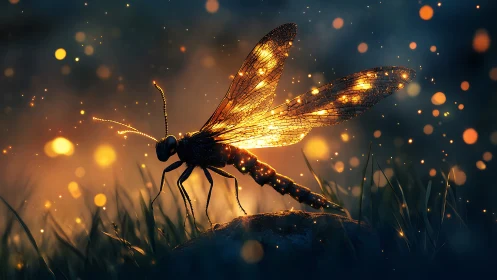Glow-winged dragonfly resting in a dreamy night meadow.