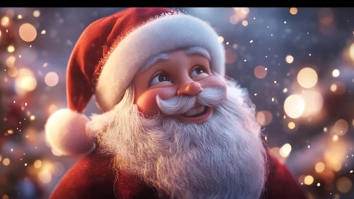 Snowflake confetti crowns a rosy-cheeked Santa in delight