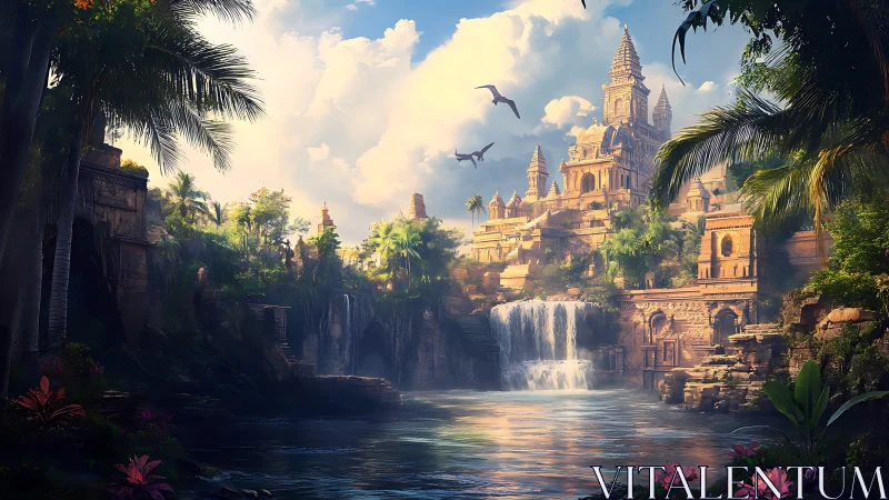 Sunlit jungle temple rises above cascading river waterfalls.