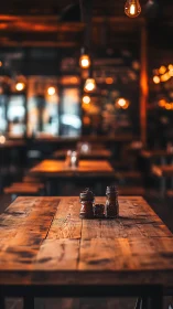 Wooden restaurant table holds condiments under warm lights