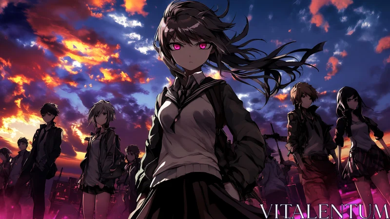 Storm-eyed schoolgirl leads dusk-lit rebel brigade