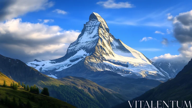 Sunlit mountain peak rises calmly above green alpine valley