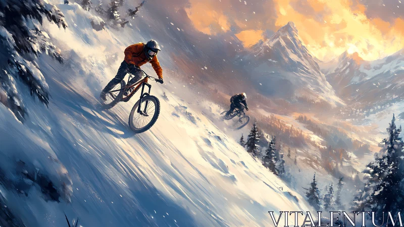 Kinetic downhill cyclists slicing through a luminous alpine blizzard.
