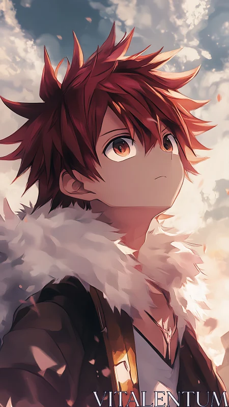 Red-haired anime boy under glowing sky in warm light.