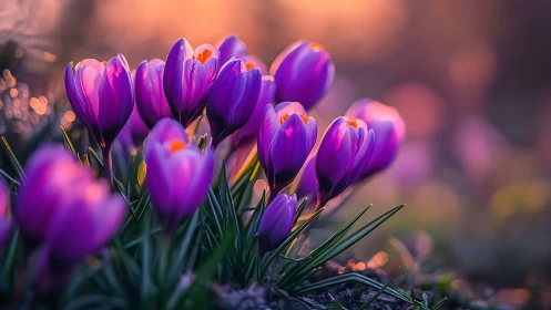 Vibrant Purple Crocuses Blooming in Golden Sunrise Light