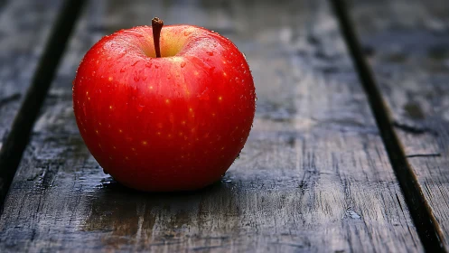Red apple rests on wet rustic wooden tabletop. Period.