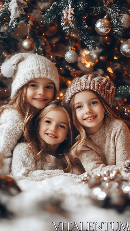 Three children in knitwear sit under decorated Christmas tree