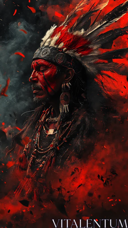 Warrior elder stands in blazing red smoke and shadow