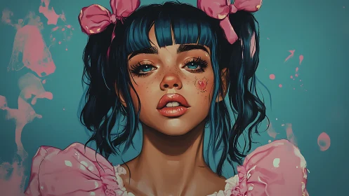 Digital portrait of blue haired girl with pink bows.