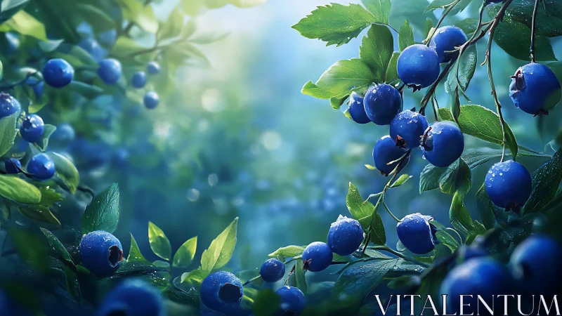 Luminous blueberry boughs in dewy morning woodland light.