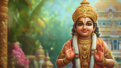 Digital depiction presents ornately adorned child deity figure