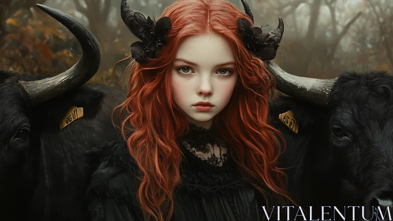 Cranial symmetry study of red‑haired girl flanked by bulls.