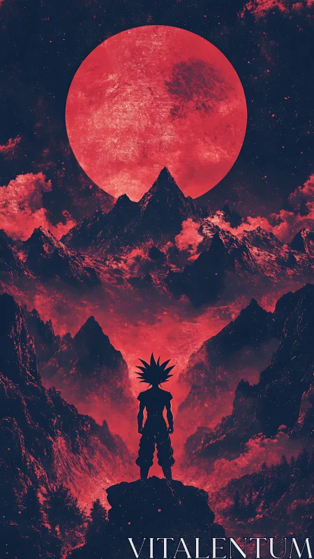 Stellar warrior silhouette under oversized crimson moonscape.