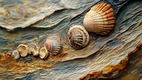 Seashells nestled in painterly tides of color and texture.