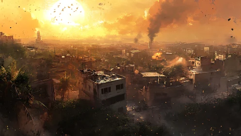 Burning city skyline glows under harsh polluted sunset